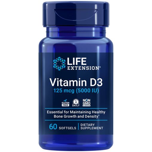 Vitamin D3, 125 mcg (5000 IU), 60 softgels Vitamin D3 supplement essential for bone growth and density